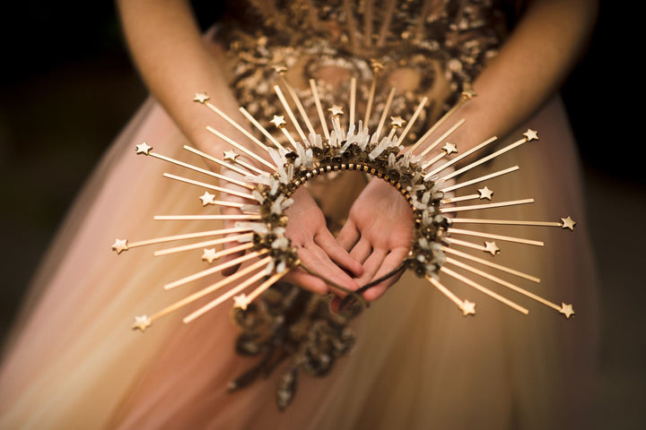 Golden Sunburst Halo Crown: Star Wedding Headband – handmade floral hair accessory by magaela