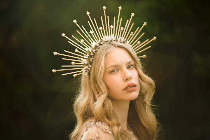 Golden Sunburst Halo Crown: Star Wedding Headband – handmade floral hair accessory by magaela