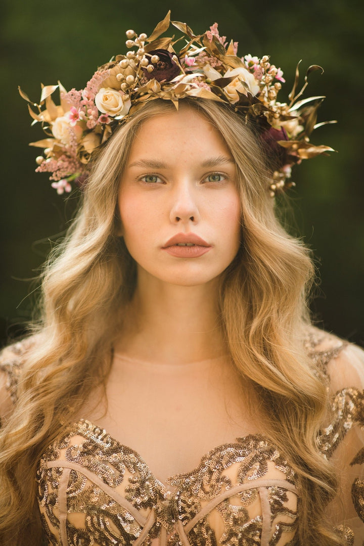 Golden Boho Wedding Hair Crown: Floral Bridal Wreath – handmade floral hair accessory by magaela