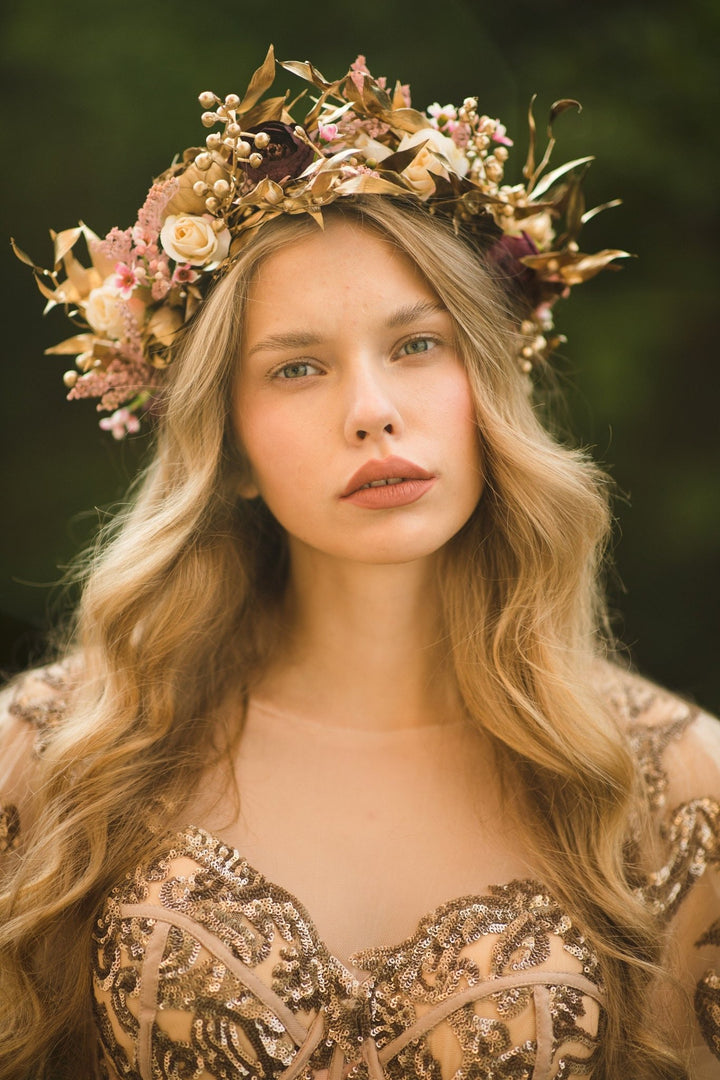 Golden Boho Wedding Hair Crown: Floral Bridal Wreath – handmade floral hair accessory by magaela