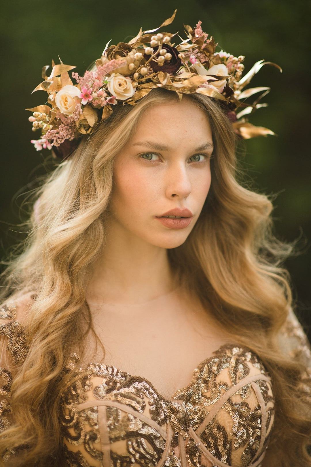 Golden Boho Wedding Hair Crown: Floral Bridal Wreath – handmade floral hair accessory by magaela