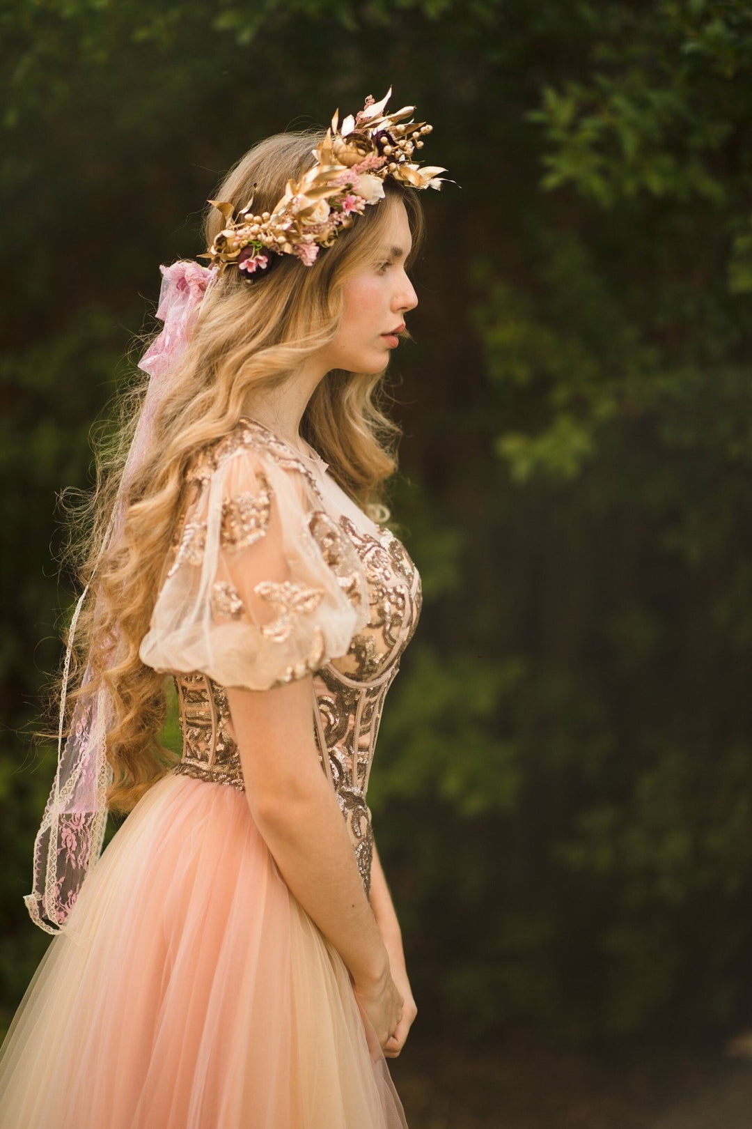 Golden Boho Wedding Hair Crown: Floral Bridal Wreath – handmade floral hair accessory by magaela