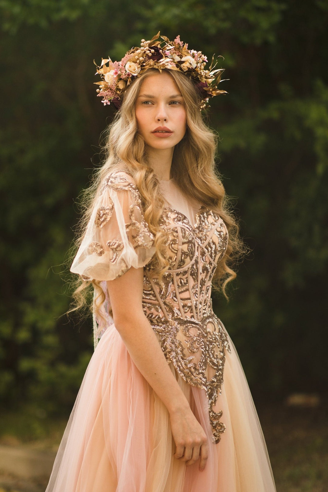 Golden Boho Wedding Hair Crown: Floral Bridal Wreath – handmade floral hair accessory by magaela