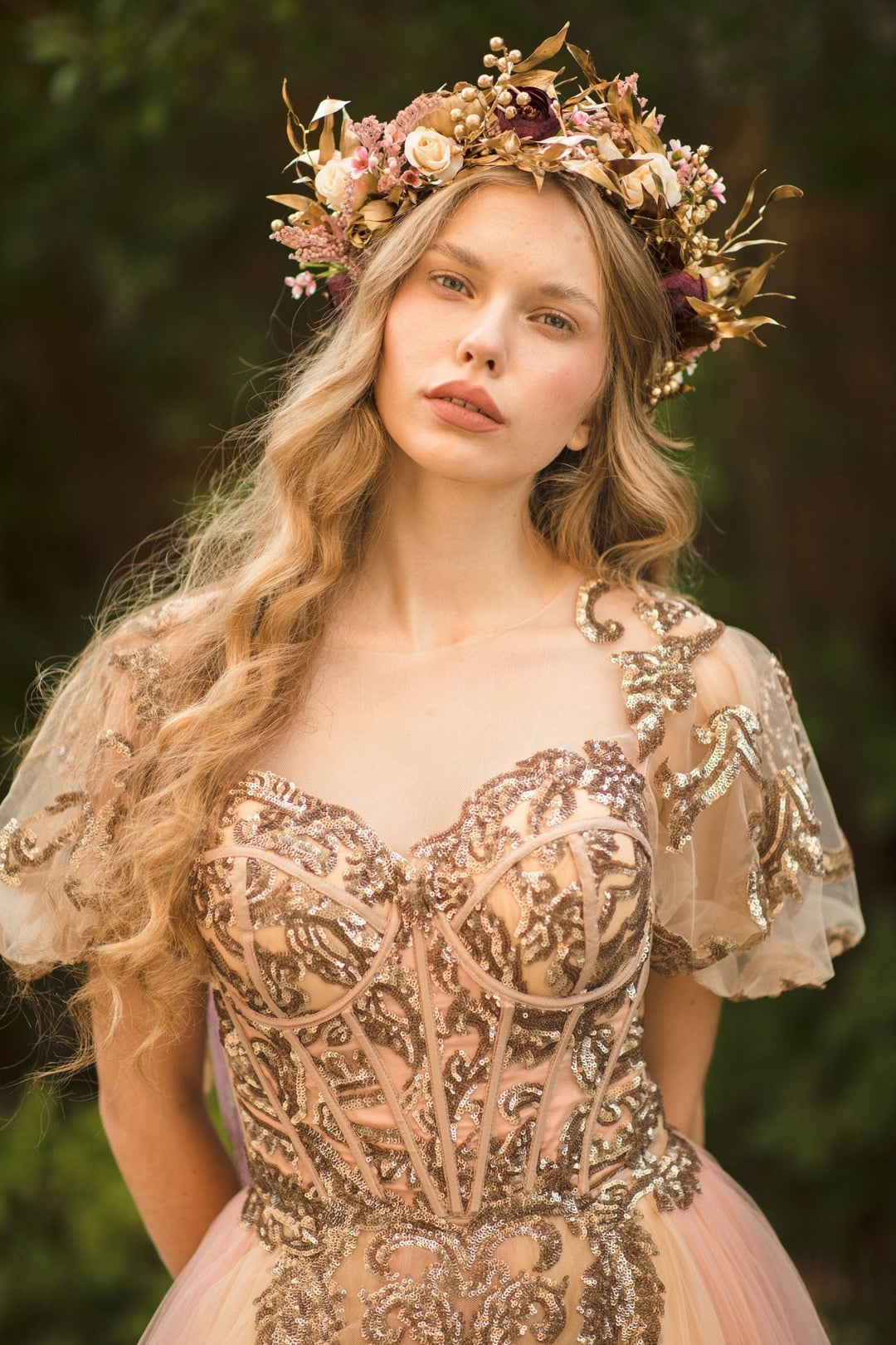 Golden Boho Wedding Hair Crown: Floral Bridal Wreath – handmade floral hair accessory by magaela