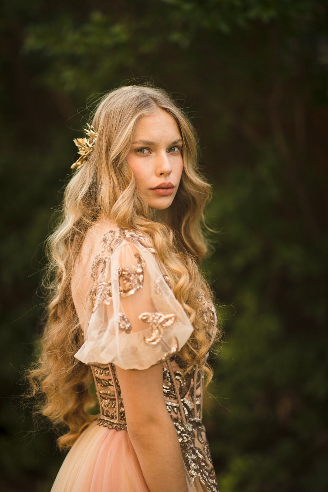 Golden Floral Wedding Half Crown: Bridal Hair Vine Tiara – handmade floral hair accessory by magaela