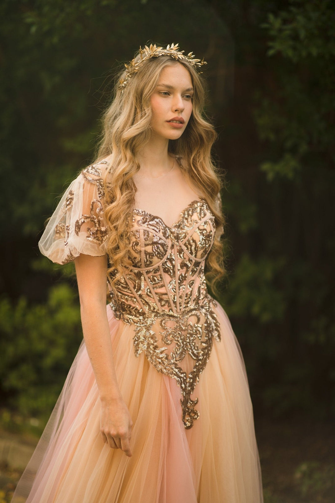 Golden Floral Wedding Half Crown: Bridal Hair Vine Tiara – handmade floral hair accessory by magaela