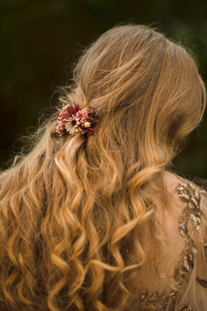 Burgundy Flower Hair Clip: Autumn Wedding Bridal Hairpiece – handmade floral hair accessory by magaela
