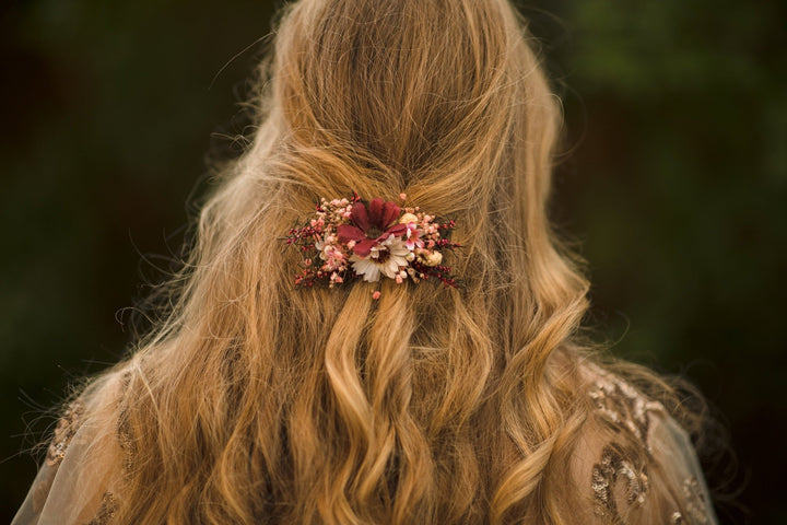 Burgundy Flower Hair Clip: Autumn Wedding Bridal Hairpiece – handmade floral hair accessory by magaela