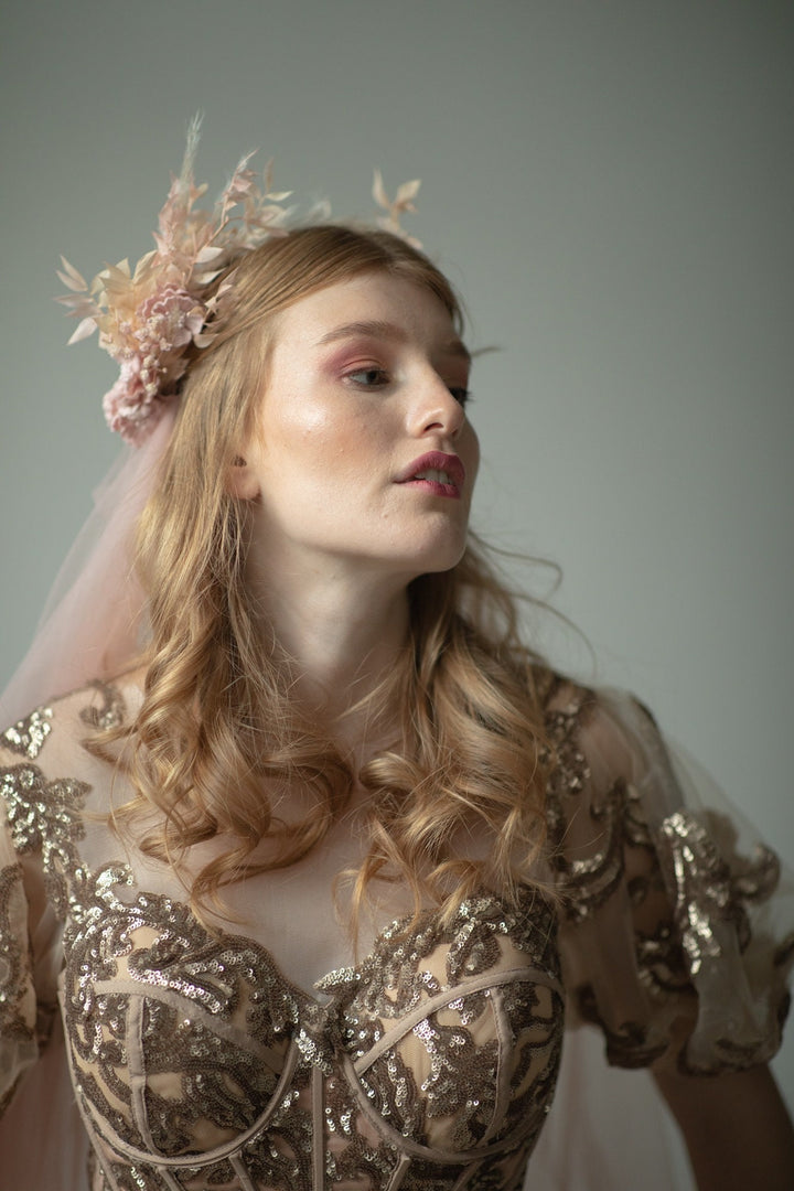 Vintage Flower Half Crown: Greek Goddess Wedding Headpiece – handmade floral hair accessory by magaela