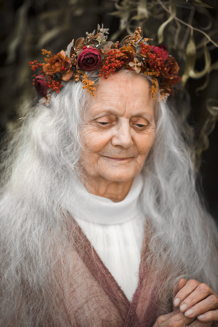 Boho Autumn Flower Crown: Half Wreath Bridal Hair Accessory – handmade floral hair accessory by magaela