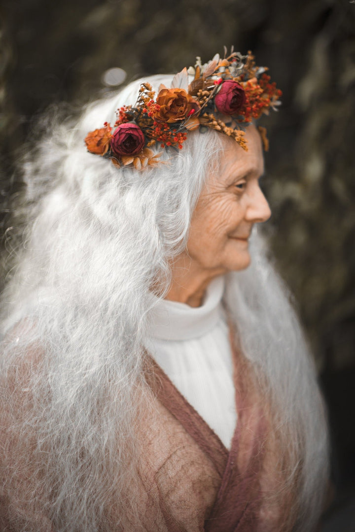 Boho Autumn Flower Crown: Half Wreath Bridal Hair Accessory – handmade floral hair accessory by magaela