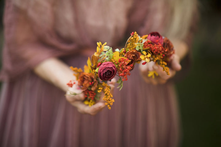 Boho Autumn Flower Crown: Half Wreath Bridal Hair Accessory – handmade floral hair accessory by magaela
