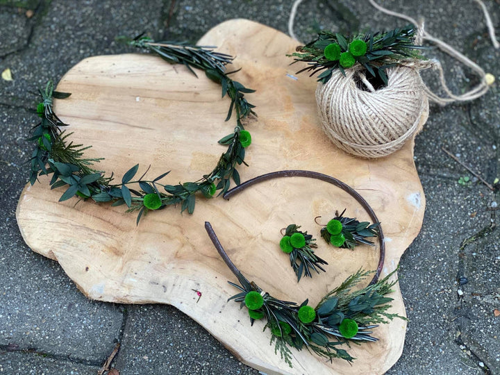 Greenery Flower Headband: Bridal Hair Wreath with Pine Needles – handmade floral hair accessory by magaela