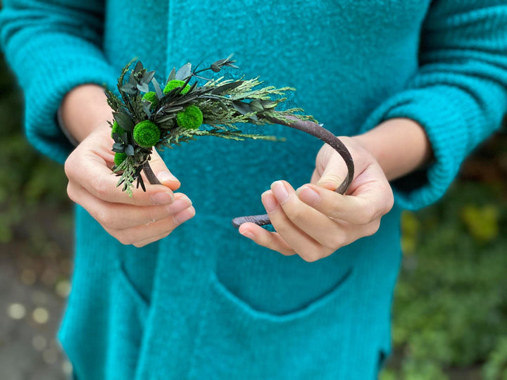 Greenery Flower Headband: Bridal Hair Wreath with Pine Needles – handmade floral hair accessory by magaela