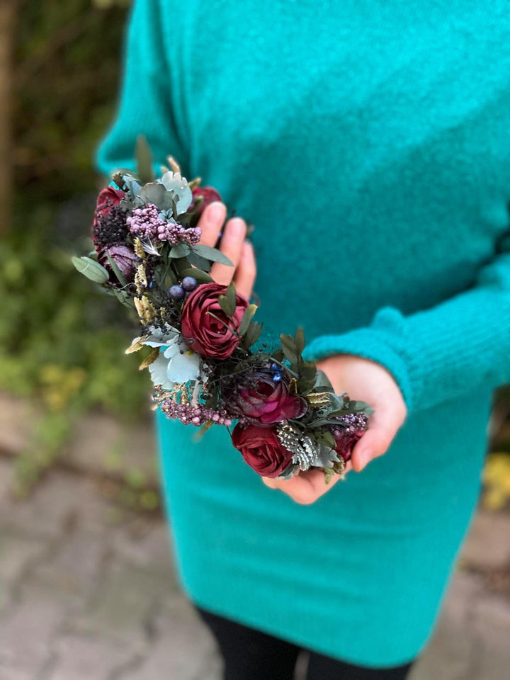 Burgundy Rose Flower Crown: Boho Wedding Hair Wreath – handmade floral hair accessory by magaela