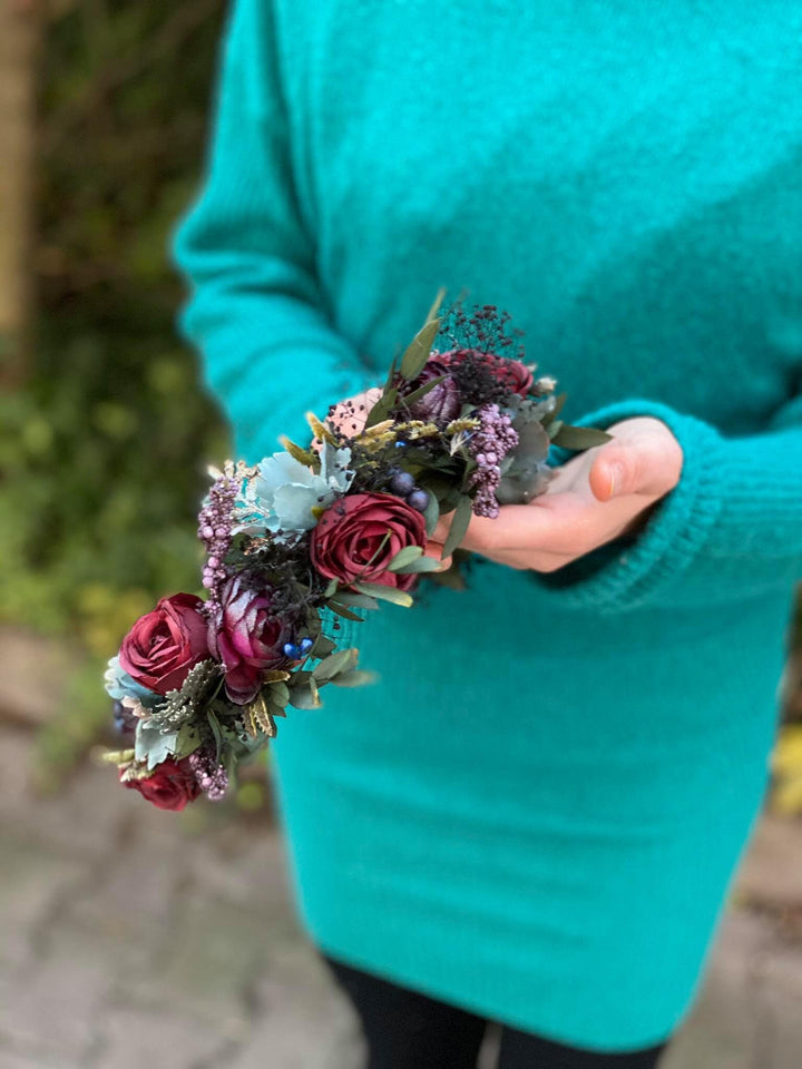 Burgundy Rose Flower Crown: Boho Wedding Hair Wreath – handmade floral hair accessory by magaela
