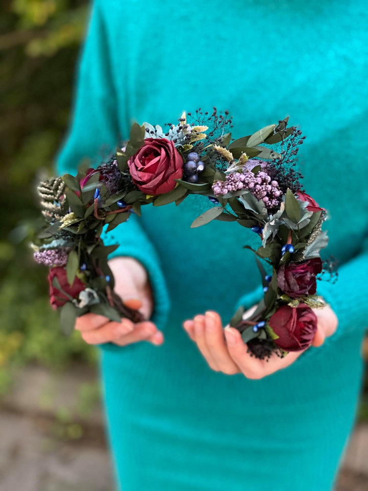 Burgundy Rose Flower Crown: Boho Wedding Hair Wreath – handmade floral hair accessory by magaela