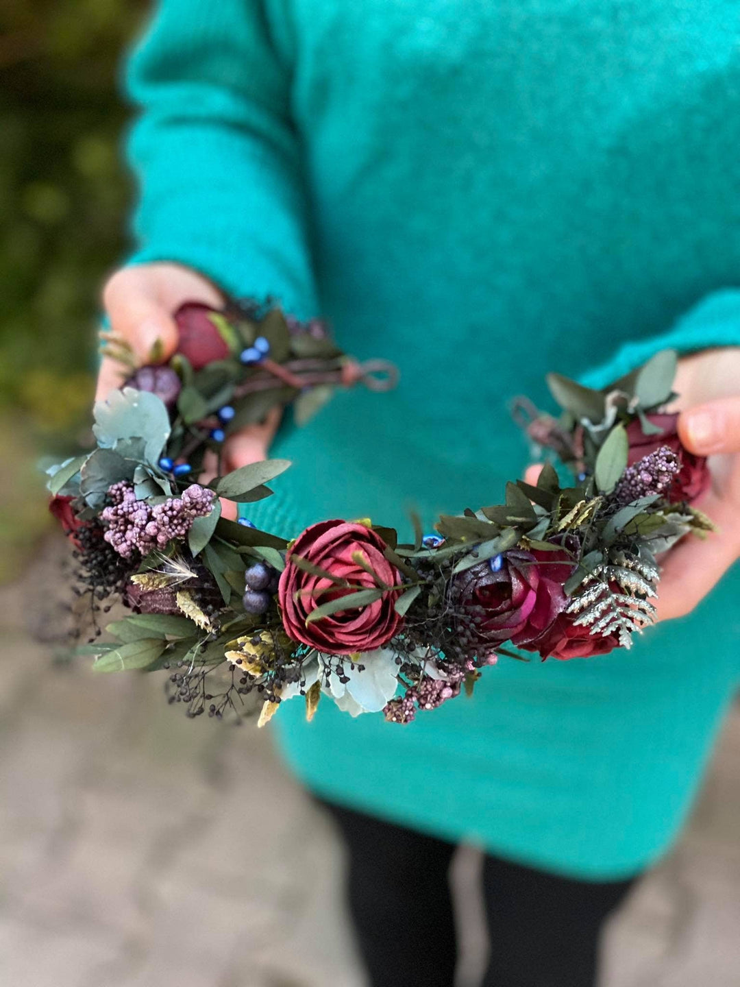 Burgundy Rose Flower Crown: Boho Wedding Hair Wreath – handmade floral hair accessory by magaela