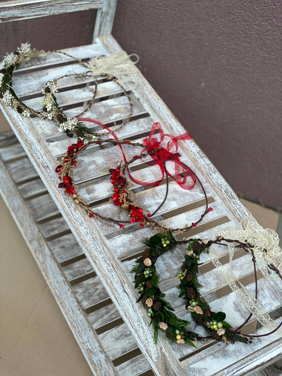 Christmas Flower Hair Crown Set: Mother Daughter Winter Photo Prop – handmade floral hair accessory by magaela