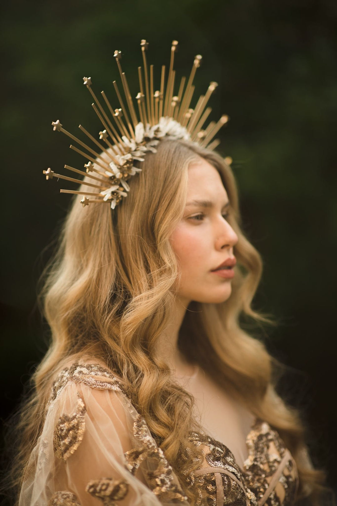 Golden Sunburst Halo Crown: Star Wedding Headband – handmade floral hair accessory by magaela
