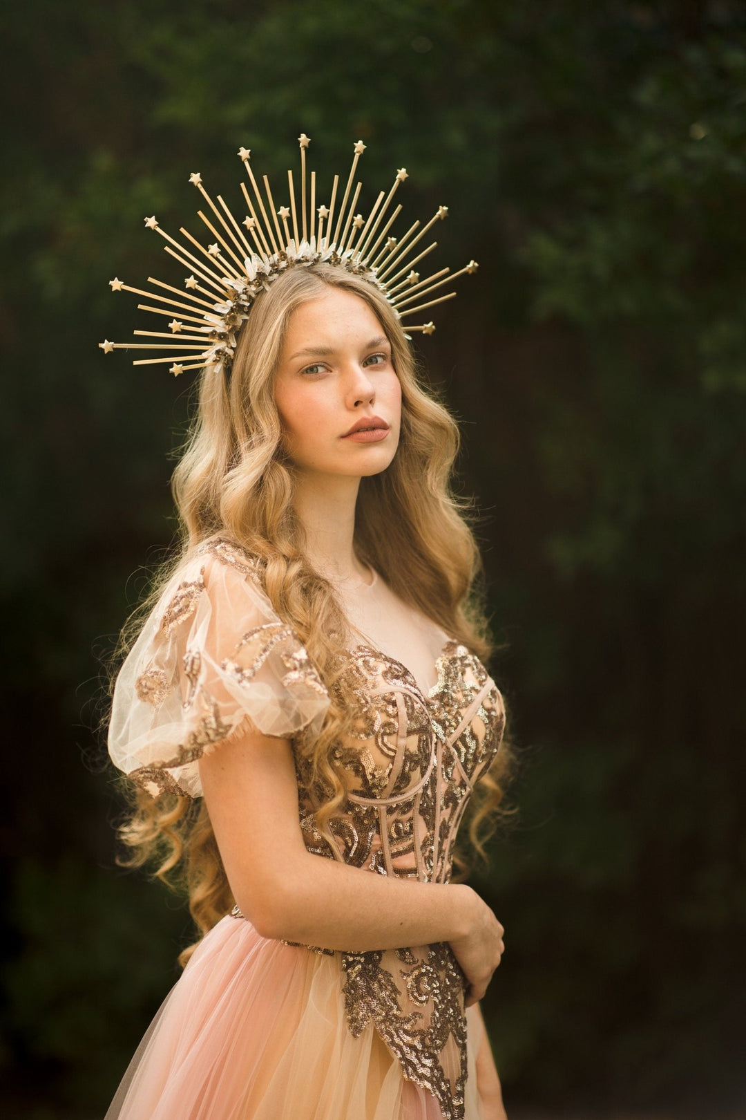 Golden Sunburst Halo Crown: Star Wedding Headband – handmade floral hair accessory by magaela