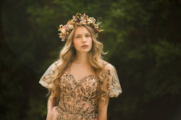 Golden Boho Wedding Hair Crown: Floral Bridal Wreath – handmade floral hair accessory by magaela