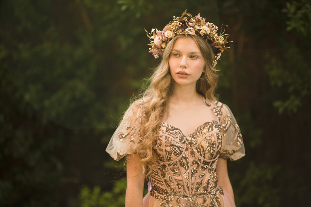 Golden Boho Wedding Hair Crown: Floral Bridal Wreath – handmade floral hair accessory by magaela