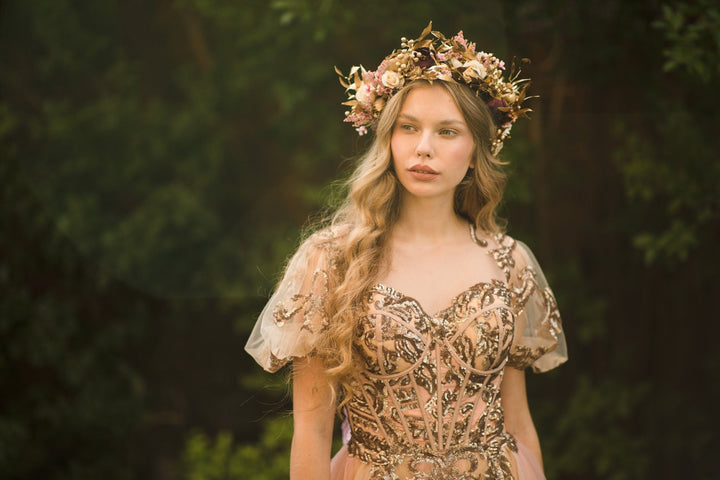 Golden Boho Wedding Hair Crown: Floral Bridal Wreath – handmade floral hair accessory by magaela