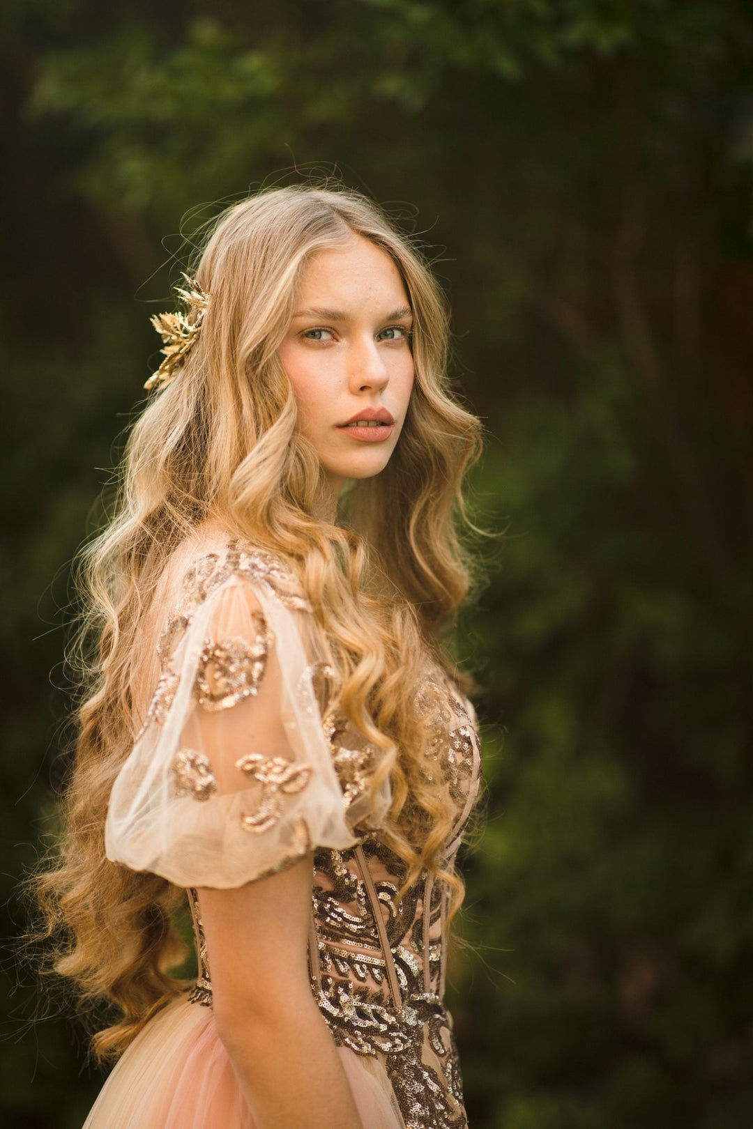 Golden Floral Wedding Half Crown: Bridal Hair Vine Tiara – handmade floral hair accessory by magaela