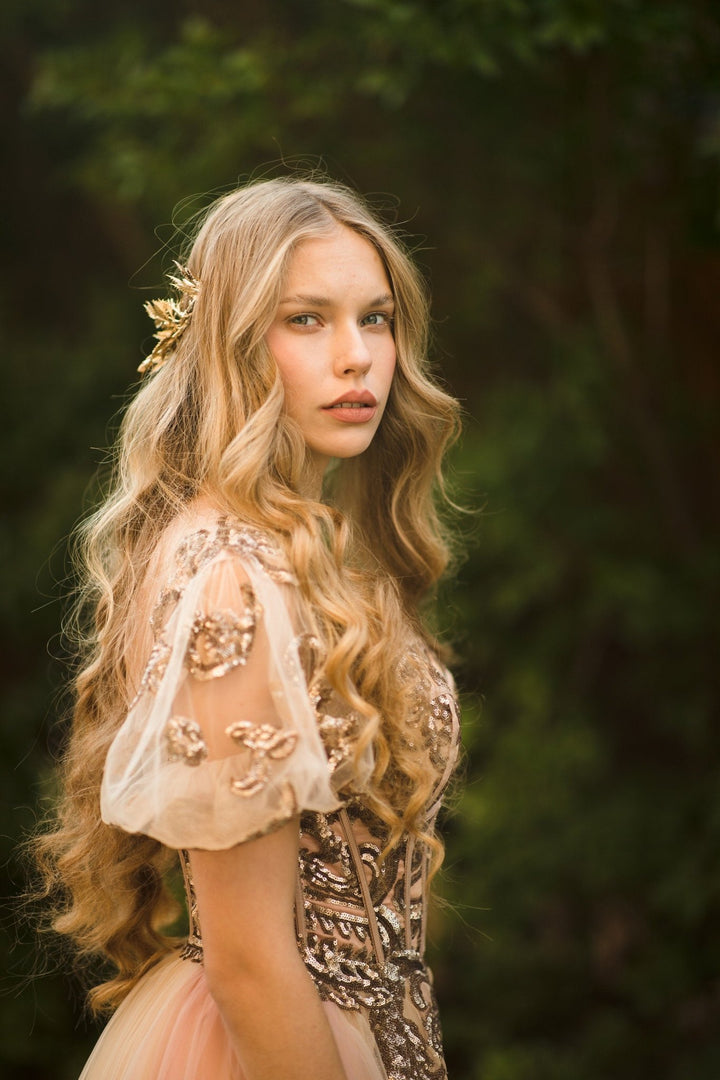 Golden Floral Wedding Half Crown: Bridal Hair Vine Tiara – handmade floral hair accessory by magaela