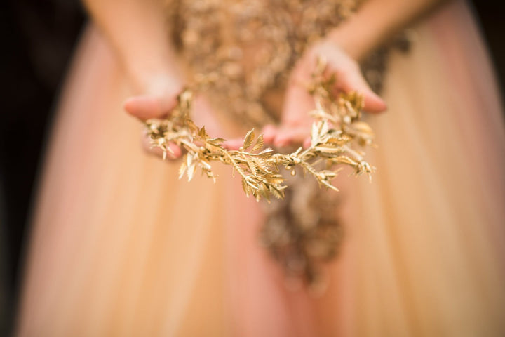 Golden Floral Wedding Half Crown: Bridal Hair Vine Tiara – handmade floral hair accessory by magaela