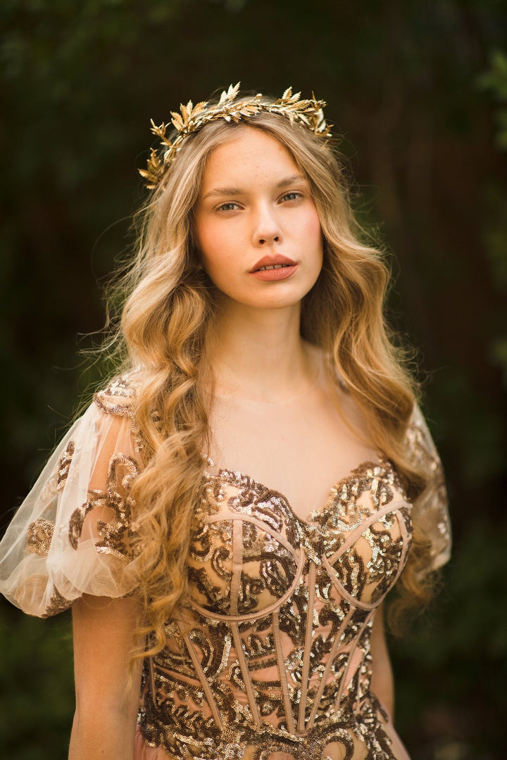 Golden Floral Wedding Half Crown: Bridal Hair Vine Tiara – handmade floral hair accessory by magaela