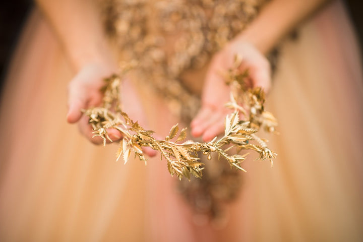 Golden Floral Wedding Half Crown: Bridal Hair Vine Tiara – handmade floral hair accessory by magaela