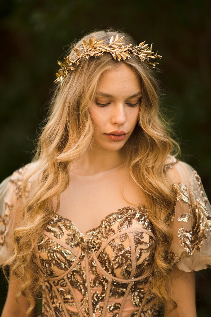 Golden Floral Wedding Half Crown: Bridal Hair Vine Tiara – handmade floral hair accessory by magaela