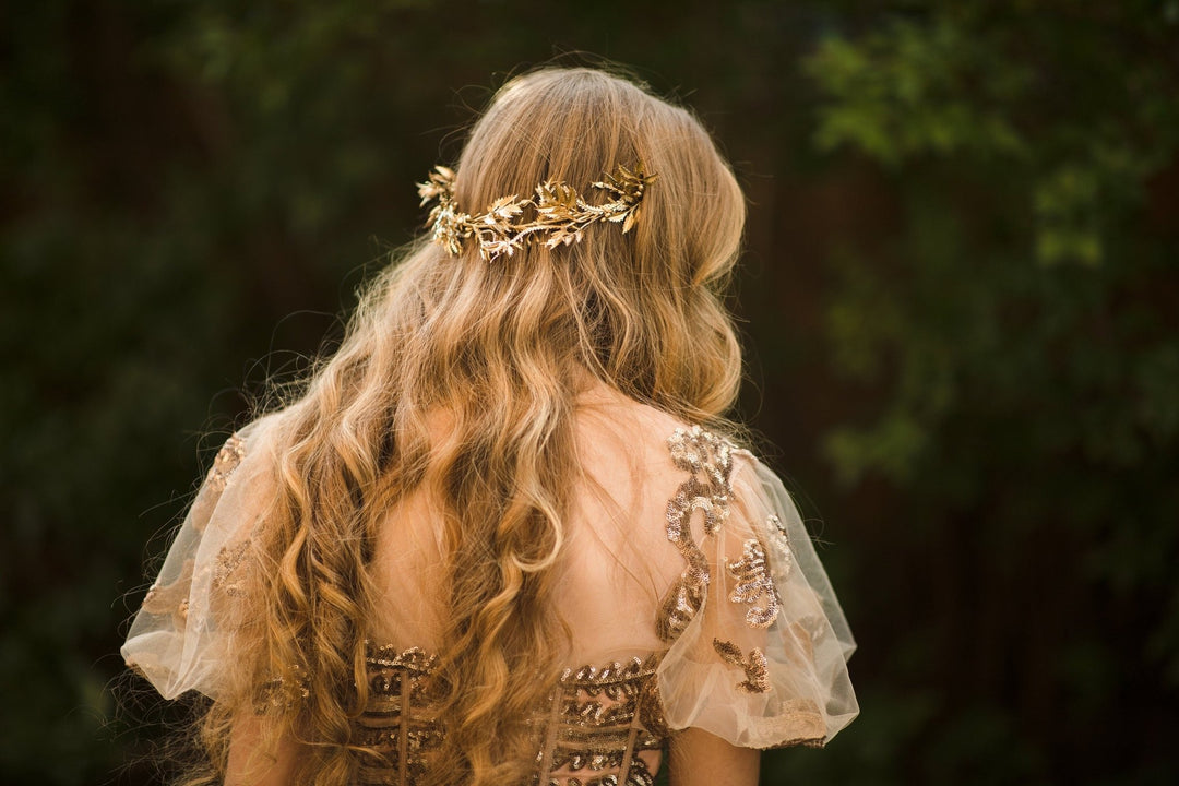 Golden Floral Wedding Half Crown: Bridal Hair Vine Tiara – handmade floral hair accessory by magaela
