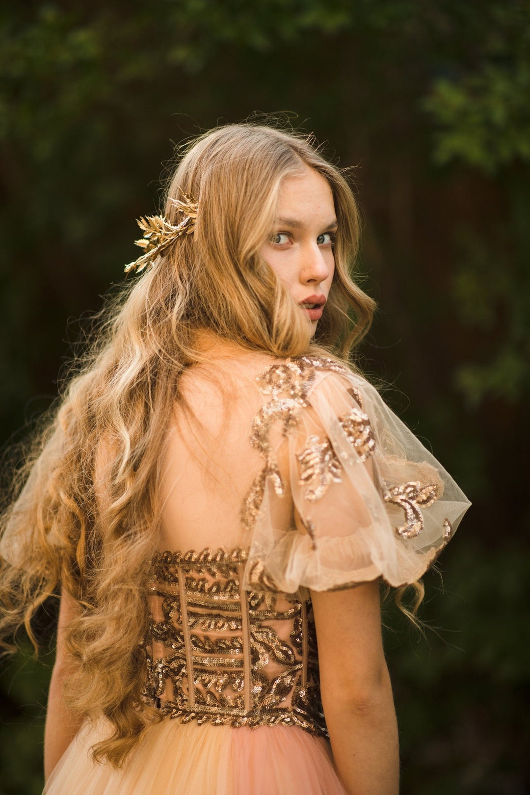 Golden Floral Wedding Half Crown: Bridal Hair Vine Tiara – handmade floral hair accessory by magaela