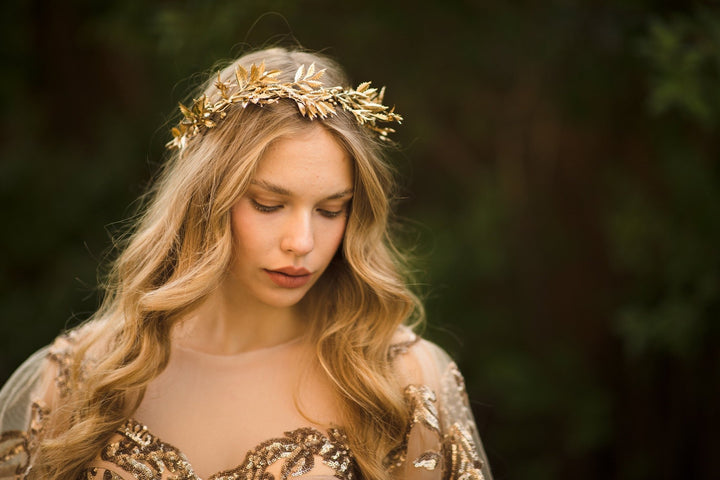 Golden Floral Wedding Half Crown: Bridal Hair Vine Tiara – handmade floral hair accessory by magaela