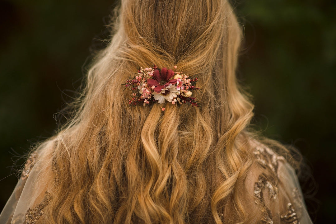 Burgundy Flower Hair Clip: Autumn Wedding Bridal Hairpiece – handmade floral hair accessory by magaela