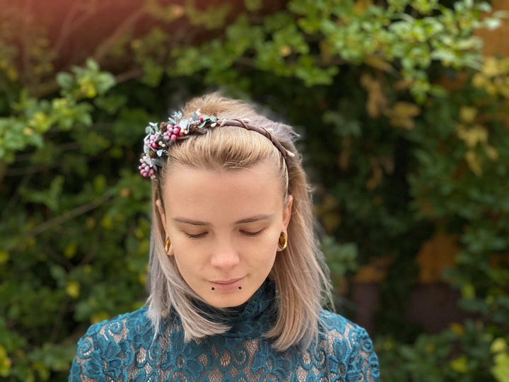 Romantic Winter Wedding Headband: Blush Flower & Pine Cone Hairband – handmade floral hair accessory by magaela