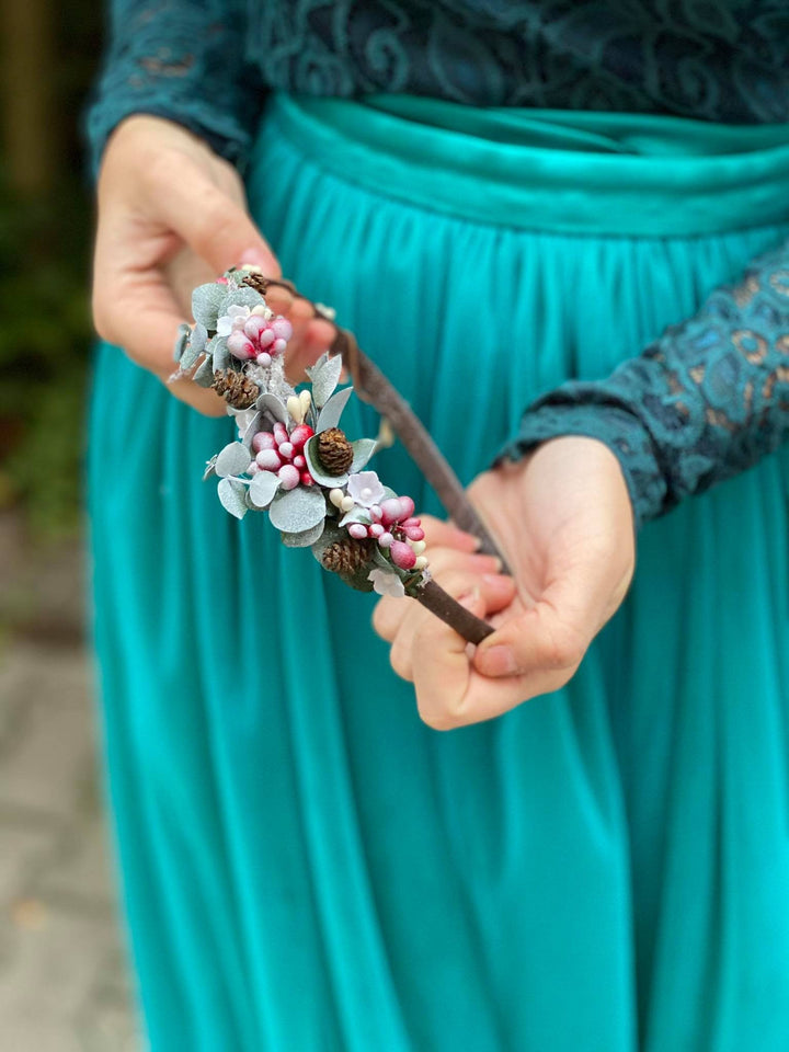 Romantic Winter Wedding Headband: Blush Flower & Pine Cone Hairband – handmade floral hair accessory by magaela