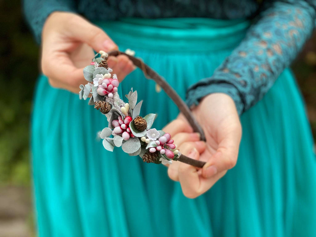 Romantic Winter Wedding Headband: Blush Flower & Pine Cone Hairband – handmade floral hair accessory by magaela