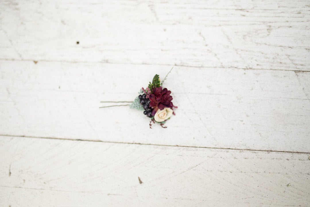 Boho Burgundy Flower Hair Pin: Rustic Floral Headpiece – handmade floral hair accessory by magaela