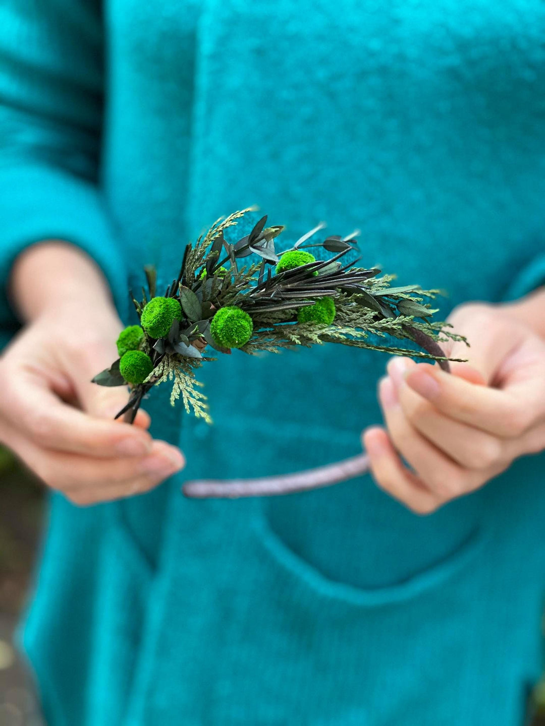 Greenery Flower Headband: Bridal Hair Wreath with Pine Needles – handmade floral hair accessory by magaela