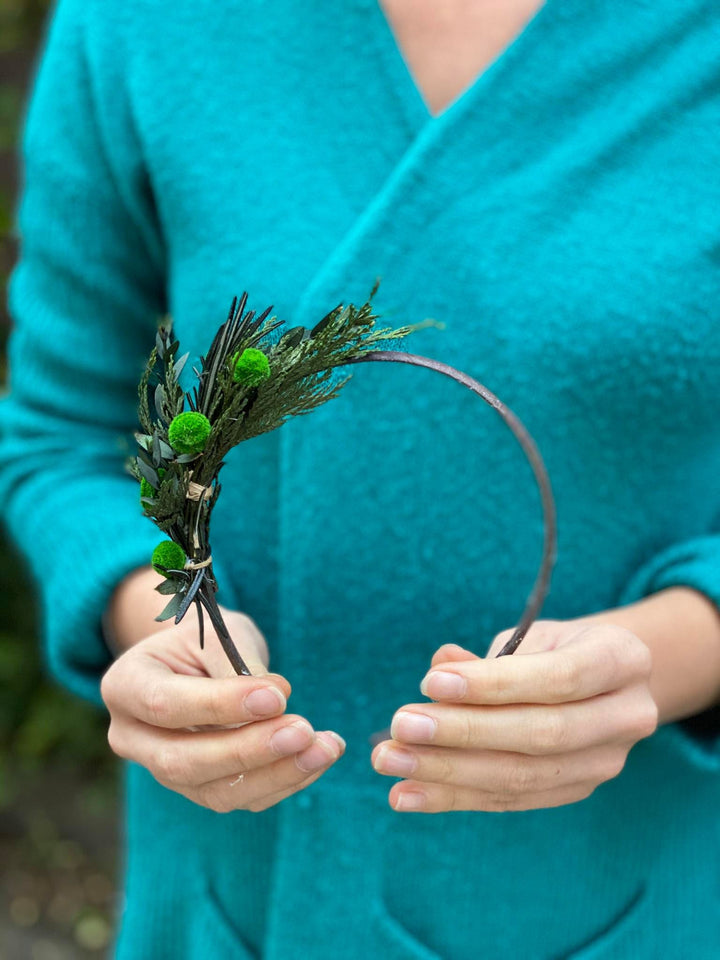 Greenery Flower Headband: Bridal Hair Wreath with Pine Needles – handmade floral hair accessory by magaela
