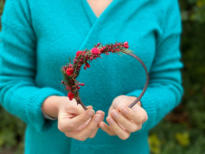 Red Flower Headband: Winter Wedding Bridal Hair Accessory – handmade floral hair accessory by magaela