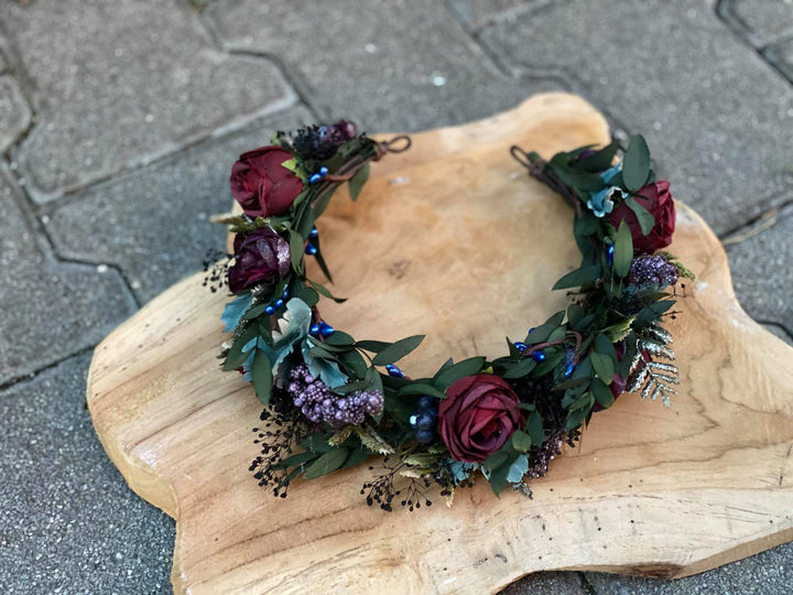 Burgundy Rose Flower Crown: Boho Wedding Hair Wreath – handmade floral hair accessory by magaela