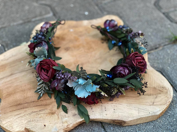 Burgundy Rose Flower Crown: Boho Wedding Hair Wreath – handmade floral hair accessory by magaela