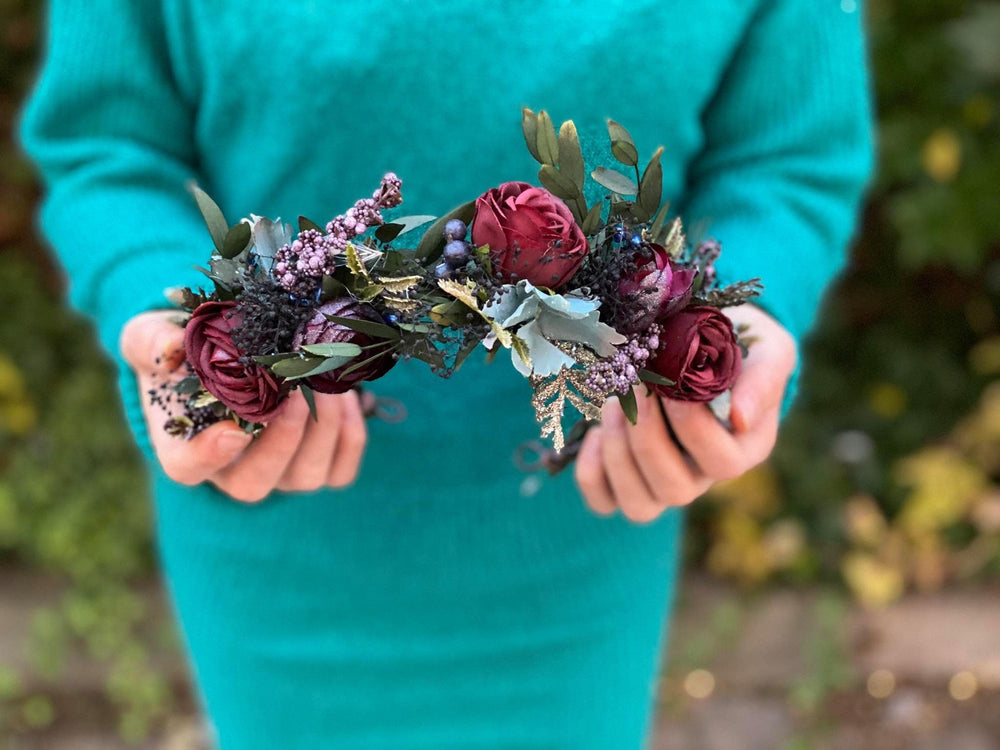 Burgundy Rose Flower Crown: Boho Wedding Hair Wreath – handmade floral hair accessory by magaela