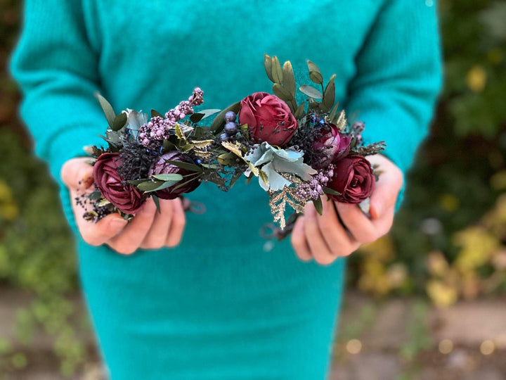 Burgundy Rose Flower Crown: Boho Wedding Hair Wreath – handmade floral hair accessory by magaela