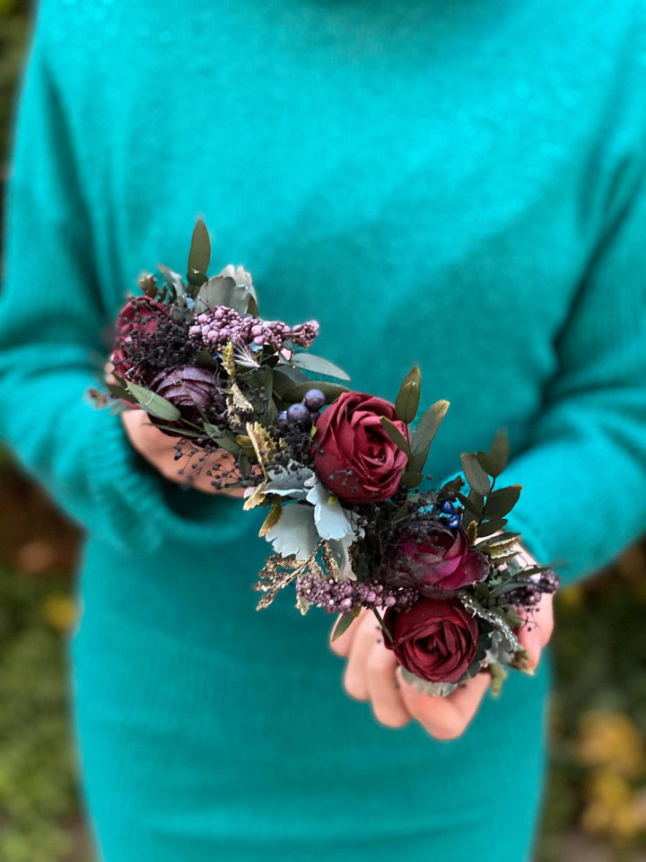 Burgundy Rose Flower Crown: Boho Wedding Hair Wreath – handmade floral hair accessory by magaela